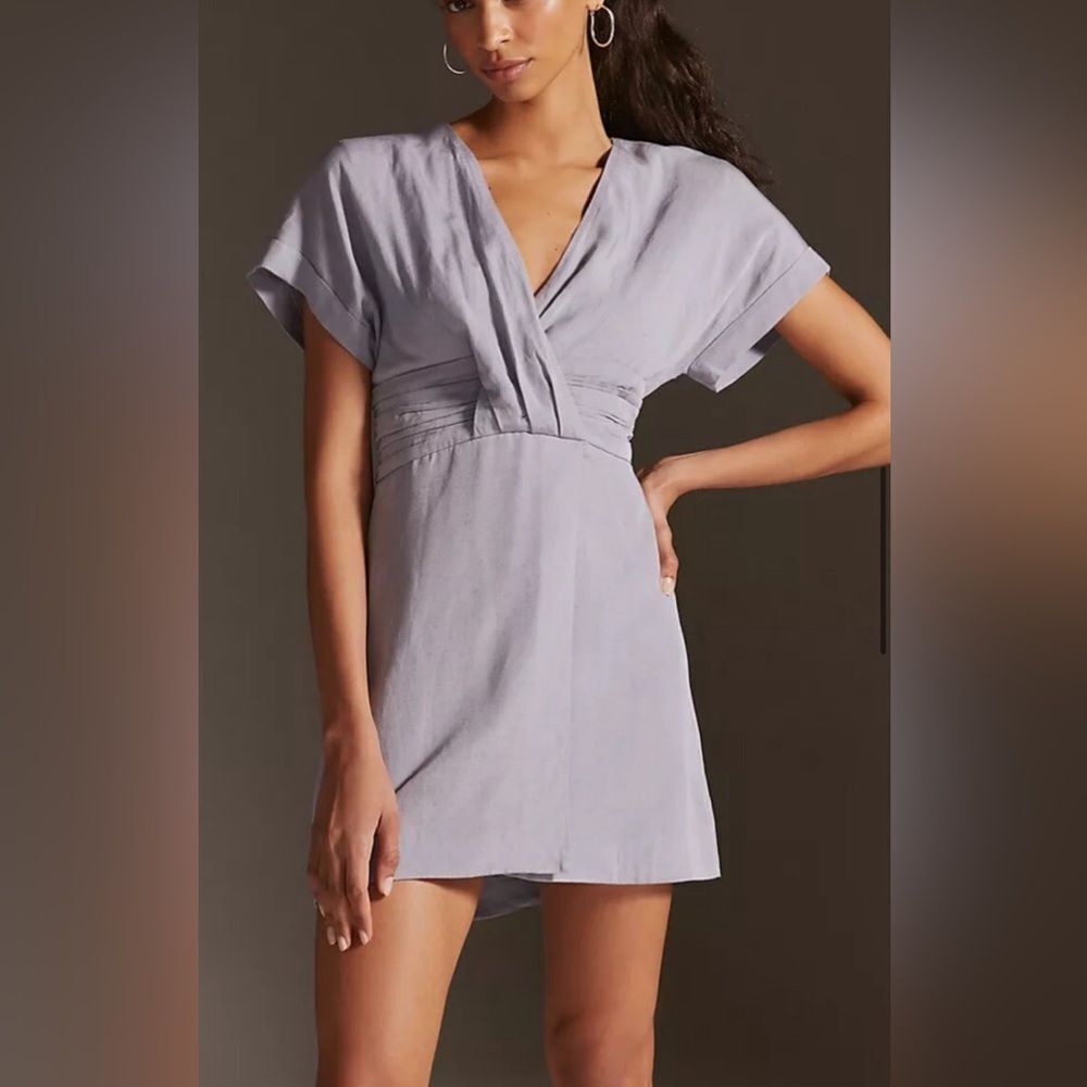 NWT Anthropologie Faux Wrap Mini Dress Linen Blend in Blue Size 8 *Flaw